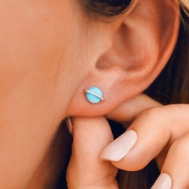 Pura Vida Silver Opal Saturn Earrings - Blue Synthetic Stone, Sterling Silver Posts - 1 Pair