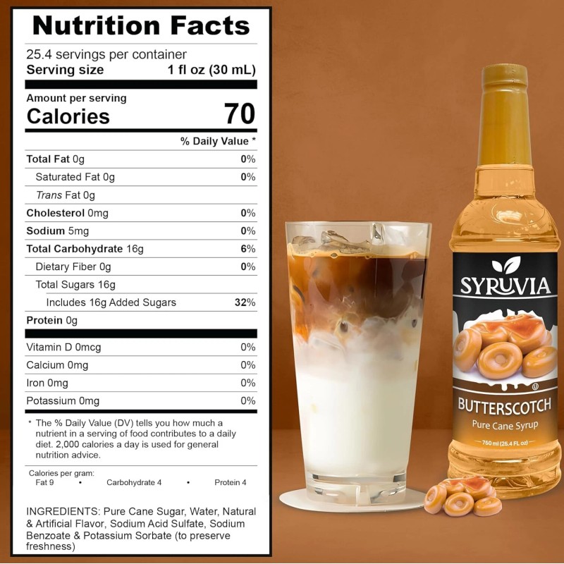 Syruvia Butterscotch Syrup 25.4 fl oz, Kosher, Perfect for Coffee