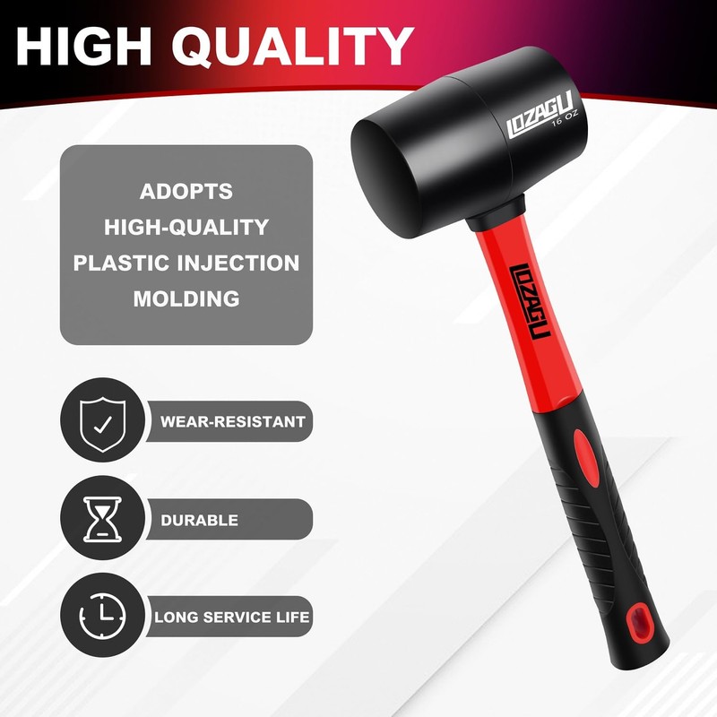 LOZAGU 16oz Rubber Mallet Hammer, Fiberglass Handle, Rubber Mallet for