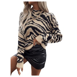 GORGLITTER Women's Tiger Graphic Sweaters Mock Neck Long Sleeve Knitted Pullover Trendy Fall Fahion 2024 Multicolor Small