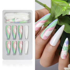 AddFavor Stiletto Press on Nails Long Full Cover Glossy White Colorful Strip French Design Acrylic Artificial Fake Nails Stick on Nails