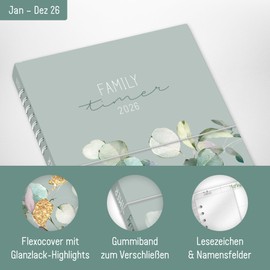 Häfft® Family-Timer 2026 A5+ "Minty Leaves" Family Calendar for 4 People, Family Planner 12 Months: Jan to Dec 26, Family Organiser - Sustainable & Climate Friendly