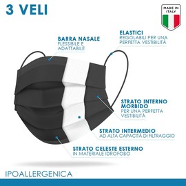 Pack of 60 Surgical Masks, Made in Italy, Medical Type IIR, 99% Certified Mask, 3-Layer Disposable Black