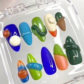 MAGLFELL MAGLFELL Women Press On Nails - Medium Almond Handmade 10Pcs Unique Fake Nails, Artistic Design, Thick Acrylic and Muti-Layer Gel False Nails