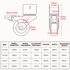 CPROSP 4 Castors for Furniture, U-Type Holder, Furniture Castors, Diameter 50 mm, U Shape Holder Furniture Castors, Swivel Castors with Brake, Rubber Wheels for Furniture, Plate Opening 20 mm