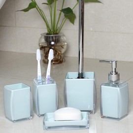 TUANYO 5 Pcs Blue Acrylic Bathroom Accessories Set Complete,Lotion/Soap Dispenser,Soap Dish,Toothbrush Holder,Tumbler, Toilet Brush and Holder, Modern Bathroom Decor and Housewarming Gift Set, Blue