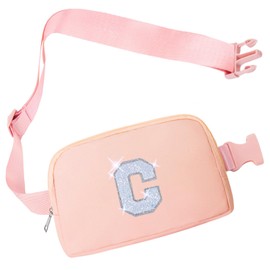 COSHAYSOO Initial Belt Bag Small Waist Fanny Pack Crossbody Purse with Stylish Glitter Letter Patch Adjustable Strap for Women Teen Girl Workouts Running Travel Gift Cute Preppy Pouch Pink (C)