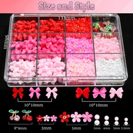 BELICEY 3D Nail Charms Red Pink Bow Cherry Flower Charms for Nails Mix Size Flatback Nail Pearls Gold Caviar Beads Nail Gems Rhinestones with Tweezer Picker Pen for Manicure DIY Nail Art Design Crafts