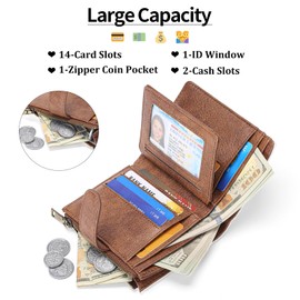 GAEKEAO Small Wallets for Women Leather RFID Blocking Bifold Coin Zipper Pocket Wallet Card Case Purse ID Window