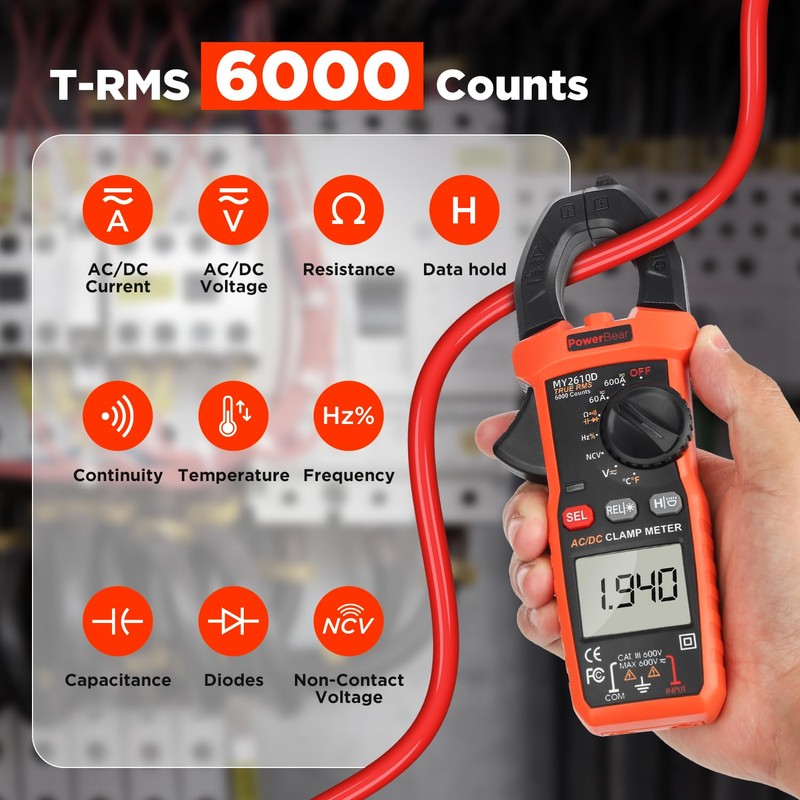 PowerBear Digital Clamp Meter Multimeter 6000 Counts for AC/DC Current