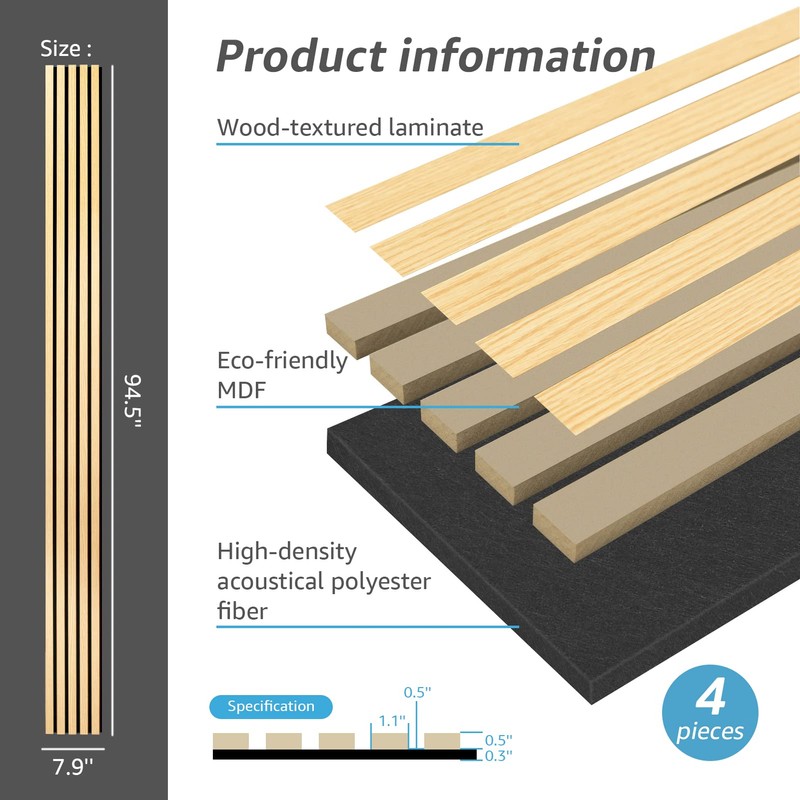 Art3d 4-Piece Wood Slat Acoustic Panels for Stylish Decor and