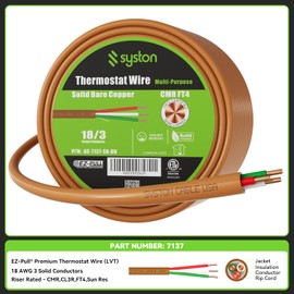 Syston 18/3 Thermostat Doorbell HAVC Heating Control Cable Wire, 18 AWG 3 Conductor 100% Solid Copper Conductors CL3R/FT4/CMR Riser-Rated, UV Resistant RoHS for Low Voltage Applications Use