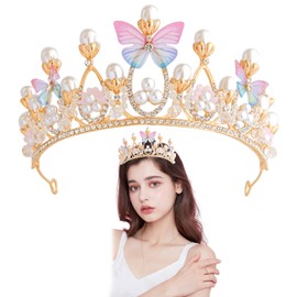 Ainvhh 1 PCS Pearl Crown Headband Alloy Crystal Princess Tiara Shiny Rhinestone Crown Gold Tiara for Birthday Celebration Holiday Wedding Christmas Princess Theme Party Decorations