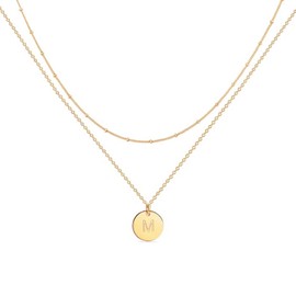 Long tiantian Gold Initial Necklace for Women - Double Side Engraved, Hammered Gold Coin, Layered Letter Necklace - Gifts for Teen Girls & Young Women