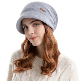 Enwokran Women's Knitted Beanie Hat Lined Fleece with Brim Beret Hat Warm Peaked Cap for Winter, lightgrey