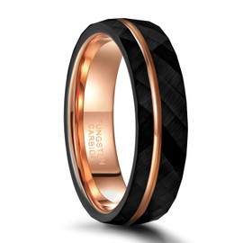 Frank S.Burton 6mm Black Tungsten Rings for Men Women 24K Rose Gold Line Faceted Wedding Bands Ring Brushed Matte Finished Comfort Fit Size 11