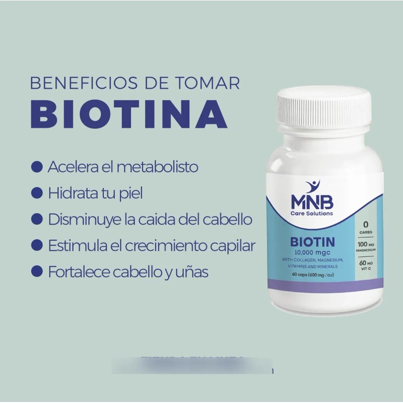 Biotina 10,000 Mcg 60 Caps Fortalece Cabello, Piel Y Uñas
