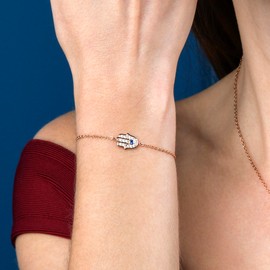 Diamond Treats Dainty Rose Gold Hamsa Bracelet in 925 Sterling Silver for Women and Teen Girls, Rose Gold Bracelet for Women with Cubic Zirconia Stones, Hand of Fatima Jewellery Gifts for Women