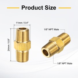 sourcing map 2pcs Brass Pipe Fitting 1/8" BSPT x 1/8" NPT Male Brass Hex Nipple Pipe Extension Adapter Pipe Nipples Connectors for Shower, Oil, Water Line