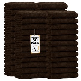 Ample Decor Wash Cloths Pack of 50 12 X 12 Inch 100% Cotton 600 GSM,Soft Absorbent, Machine Washable Face Towels, Oeko Tex Certified Reusable Fingertip Towels for Bathroom, Hotel, Gym, Spa - Brown
