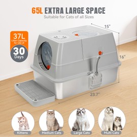WANTRYAPET Extra Large Stainless Steel Litter Box Enclosed, Stainless Steel Cat Litter Box with Flip-Top Lid, Front Entry Top Exit, Easy to Clean & Assemble - Grey