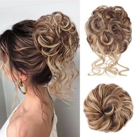 Vigorous Messy Bun Hair Piece for Women - 2PCS Synthetic Hair Pieces with Tousled Updo Hair Buns & Wavy Curly Texture Scrunchies Chignon Ponytail  - Easy to Wear & Versatile for Daily Use:_8L# Medium Chestnut Brown