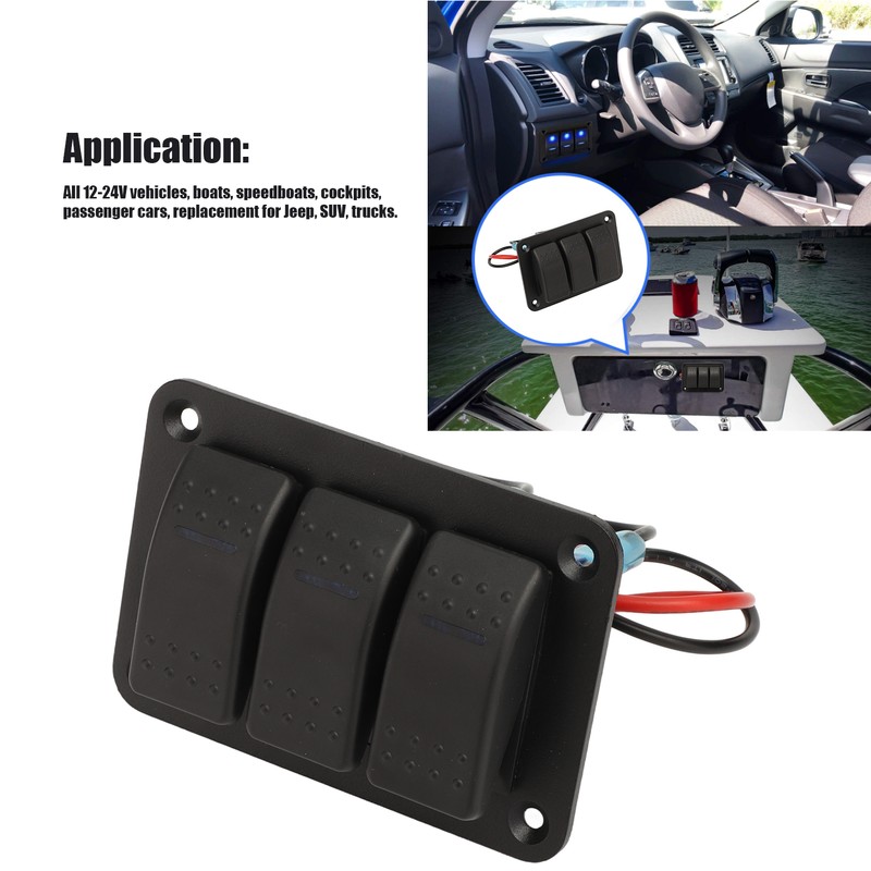 3 Gang Rocker Switch Panel IP65 Waterproof DC12‑24V Blue Light