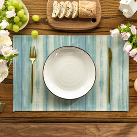 Blue Watercolor Striped Placemats Set of 4, 12x18 Inch Seasonal Spring Summer Table Mats Kitchen Dining Party Decoration