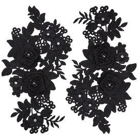GORGECRAFT 2Pcs 3D Flower Lace Appliques Rhinestone Beaded Embroidered Sew on/Iron on Patch Black Floral Motif Cloth Collar Trim Patches for Wedding Bridal Dress Decor Clothing Pants Sewing DIY Crafts