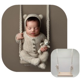 Coberllus Newborn Photography Swing Prop Newborn Photography Shoot Wooden Swing Baby Photo Posing Macrame Swing Props (Beige 1#)