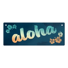 Metal Sign L 10.5 x 28 cm with Hawaii Design and Lettering Aloha with Small Flowers