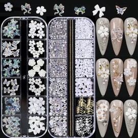 3D Acrylic Butterfly White Flowers Bear Nails Charms Cute Nail Charms Mixed Starry Crystal Nail Rhinestones Multi Sizes Crystal Gems Stones for Nail Art DIY Jewelry Accessories Crafting