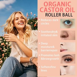 Organic Castor Oil with Rose Quartz Roller, 50ml Organic Castor Oil Roll On, Natural Ingredients, Gently Nourishes Skin, Deep Hydration & Smoothing, for Belly, Face, Body, 1.7 fl oz