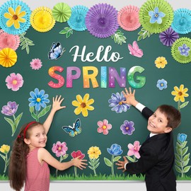 Fuutreo Spring Bulletin Board Set Hello Spring Flowers Cutouts Paper Fans Bulletin Board Border Classroom Decoration for School Office Home Teacher Wall Supply
