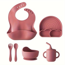 6 Pieces Silicone Baby Feeding Set, Baby Led Weaning Supplies, Utensils Food Grade Non-Bpa Strong Suction 3 Divided, Rainbow Suction Plate+Spoon+Fork+Bowl+Water Cup+Bib, Burgundy