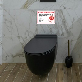 8 pack “Please Do Not Flush - Wipes, Feminine Hygiene Products, Paper Towels, Tissues, Trash” Bathroom Etiquette Sign with Funny STOP Symbol, Self Adhesive Weatherproof UV Protected Vinyl Decal