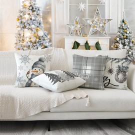 Miaikoe Christmas Cushion Covers 40x40 cm Set of 4, Decorative Farmhouse Snowman Joy Believe Christmas Tree Grey Pillow Covers for Winter Holiday Home Decor Decoration