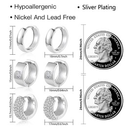 ALEXCRAFT 3 Pairs, Silver 925 Hoop Earrings Set, Women's 14 Carat, Gold-Plated Jewellery, Hypoallergenic, Oval, Chunky, Light, Wide, Earrings, Glitter, Small, Women, Men, Silver, Cubic Zirconia