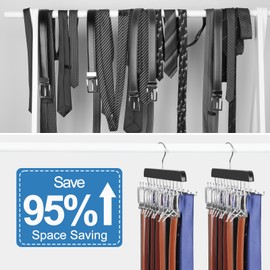 40 Hooks Belt Tie Hanger Space Saving for Closet, 2 in 1 Belt Ties Racks Max 60 Belts with 60 Ties Capacity, Curved with Flat Hooks for Belts,Ties,Bras,Tanks Tops Closet Organizers and Storage Black
