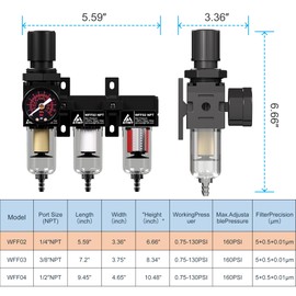 ATINY 1/4" NPT 3 Stage Air Drying System,Air Dryer System Air Dryer for Compressor,5 &0.5 &0.01 Micron Filter Cartridge Air Compressor Filter,Semi-Auto Drain,with Ball Valve Metal Bracket-Blue