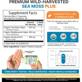 Organic Irish Sea Moss Capsules with Bladderwrack & Burdock Root – Vegan, Non-GMO, Gluten Free, Plant-Based Supplement, 60 Capsules