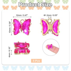 sourcing map 5 Pcs Crystal Gold Plated Butterfly Charm, Brass Zircon Charm Pendant for Phone Accessories Keychain Crafting, Rose Red, 12x10mm