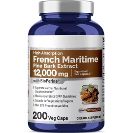 French Maritime Pine Bark 12,000mg 200Caps NonGMO/Gluten Free/Vegan Proanthocyan