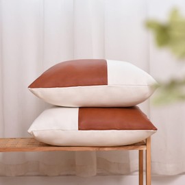 Tosewever Faux Leather/Cotton Throw Pillow Covers, Set of 2 Modern Country Farmhouse Decorative Luxury Boho Pillowcases for Bedroom Living Room Couch Bed Sofa Home Decor (Brown/White, 18" x 18")