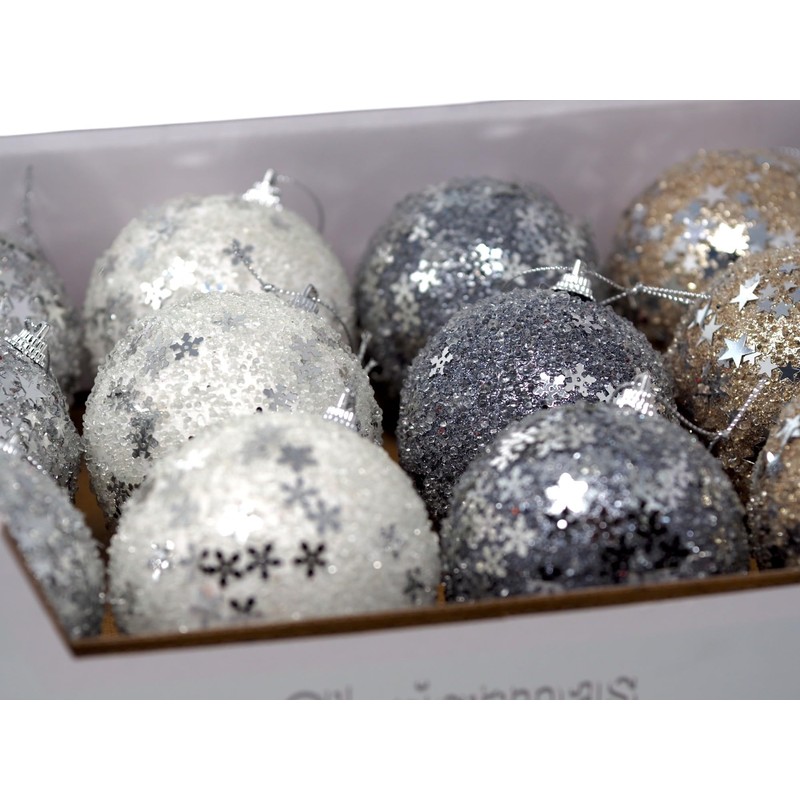 Sequin Christmas Tree Baubles - White Silver Champagne - Set