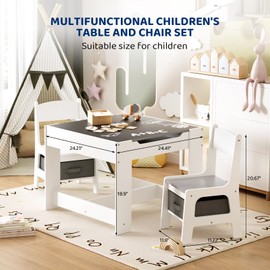 KIDINIX Kids Table & 2 Chairs Set, 4 in 1 Children Activity Table with Double-Sided Board, Toddler Chair & Table Set for Drawing, Playing, Toy Storage, Rounded Edges Chairs with Fabric Storage (Grey)