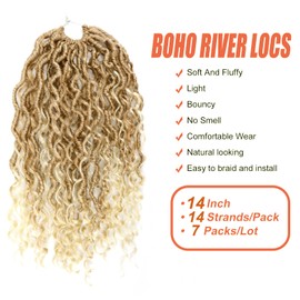 Aipin Goddess Locs Crochet Hair 14 Inch River Locs Boho Hippie Locs Wavy Crochet With Curly Hair In Middle And Ends Braids Hair Extensions (7Packs,14 inch,T27/613)