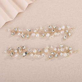 Teyglen 2pcs Gold Pearl and Crystal Headband Cute Pearl Bride Wedding Hair Vine with Rhinestone Hair Accessories for Women Bridesmaid Wedding Headpiece