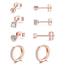 Gulicx 4Pairs Silver 14k RoseGold Plated Stud Hoop Earrings for Womens/Girls/Boys, Hypoallergenic 925 SterlingSilver Small 3mm Cubic Zirconia RoundBall Earrings 12mm Cartilage Sleeper Hoop EarringsSet