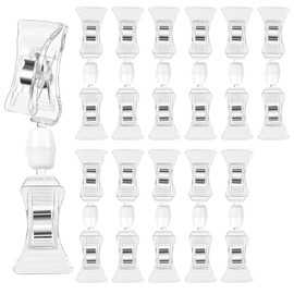 Clear Sign Clips on Merchandise Display 12 Pack Plastic Label Pop Clips on Sign Holder Shelf Double Sided Swivel Price Tag Clips on Clothing Rack Signs Rotatable Menu Clips for Sale Retail Display